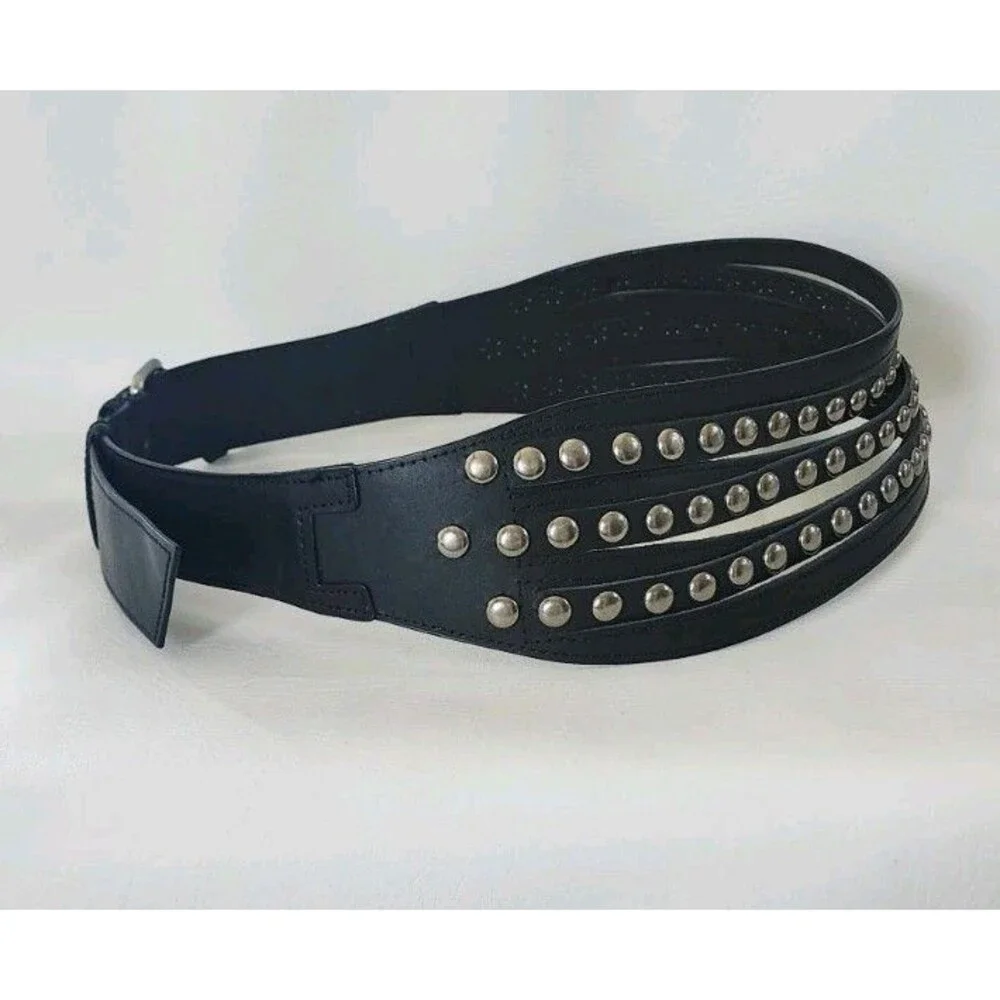 Page D New York Wide Leather Studded Waist Belt Black Panel Corset Belt L 37-41